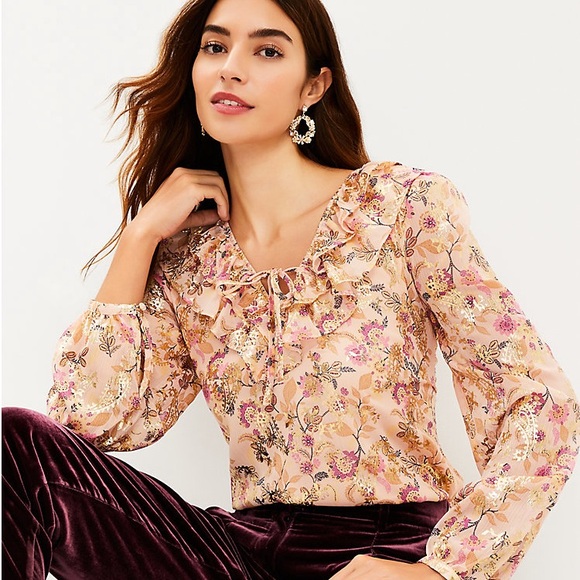 LOFT Shimmer Floral Ruffle Tie Neck Blouse - Picture 3 of 8